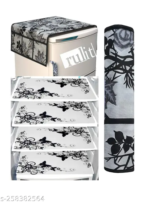 Fridge Covers Combo Set | Pack of 4 Fridge Tray Mats, 1 Fridge Handle Cover and 1 Fridge Top Cover | Refrigerator Cover | Silver Colour | Fridge Mats