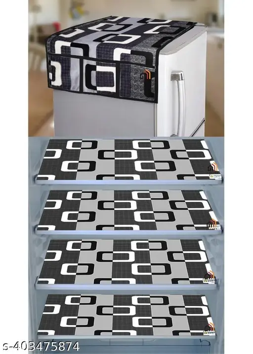 Crosmo Polyester Fridge Top Cover/Refrigerator Cover With 6 Utility Pockets and 4 Pc Fridge Mat