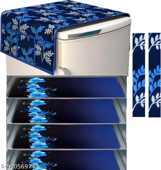 FRC DECOR Exclusive Combo of 1 Cotton Fridge Top Cover, 2 Cotton Fridge Handle Cover, 4 Fridge Mats (7 Pcs Set)