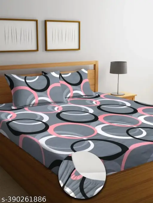 Super Soft Glace Cotton All Round Elastic Fitted Double Bed Bedsheet with 2 Pillow Covers-72x78x7 Inches-fiteed_Double