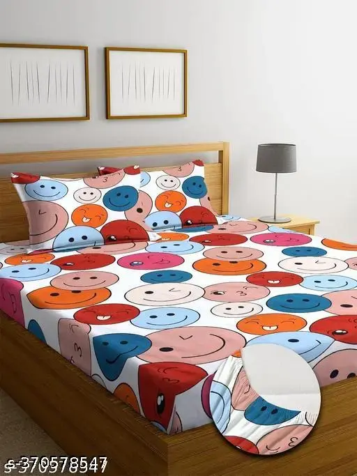 Super Soft Glace Cotton All Round Elastic Fitted Double Bed Bedsheet with 2 Pillow Covers-72x78x8 Inches-fiteed_Double (1 pillow cover with single bedsheet & no pillow with crib)