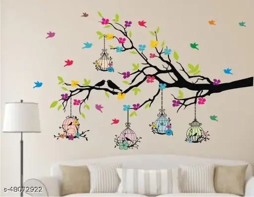 Heaven Decors - Medium - Tree Branches With Birdcage And Flower- Wall Decoration Sticker Home ( ideal size on wall: 100 cm x 60 cm ),Multicolour