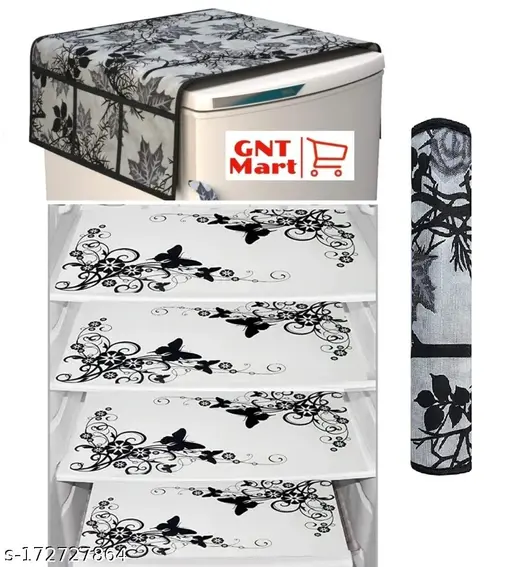 GNT | Single Door Fridge Cover | Set of Fridge Top Cover with Side Pockets, 4 Fridge Mat and 1 Handle Cover | Refrigerator Covers | Black Colour | Combo Pack | Fridge Covers | Fridge Mats