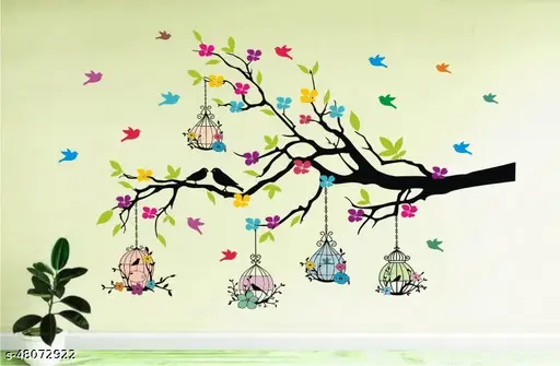 Heaven Decors - Medium - Tree Branches With Birdcage And Flower- Wall Decoration Sticker Home ( ideal size on wall: 100 cm x 60 cm ),Multicolour