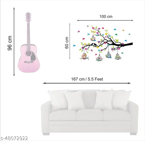 Heaven Decors - Medium - Tree Branches With Birdcage And Flower- Wall Decoration Sticker Home ( ideal size on wall: 100 cm x 60 cm ),Multicolour