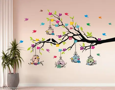 Heaven Decors - Medium - Tree Branches With Birdcage And Flower- Wall Decoration Sticker Home ( ideal size on wall: 100 cm x 60 cm ),Multicolour